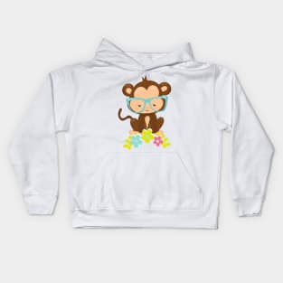 Hipster Monkey, Monkey With Glasses, Flowers Kids Hoodie